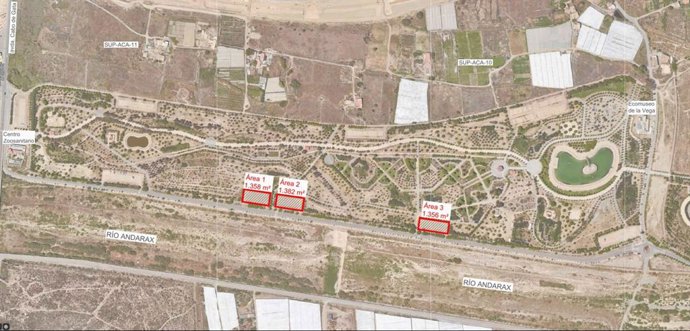 Plano de las tres zonas proyectadas para el estacionamiento de autocaravanas junto al Parque del Andarax, en Almería.