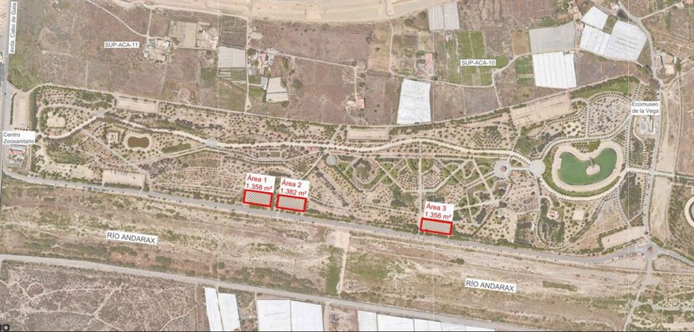 Plano de las tres zonas proyectadas para el estacionamiento de autocaravanas junto al Parque del Andarax, en Almería.