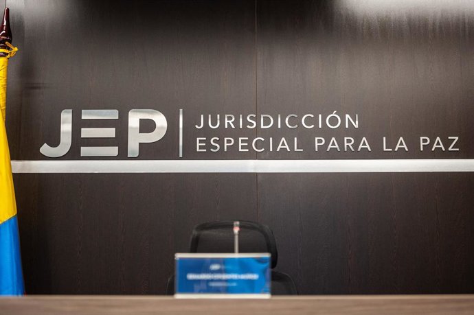Archivo - December 10, 2021, Bogota, Cundinamarca, Colombia: The Special Jurisdiction for Peace (JEP) logos seen moments before a press conference at the Special Jurisdiction for Peace (JEP) after 21 members of the army including a general accept their re