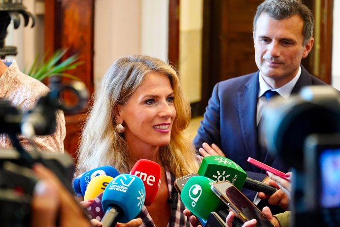 La presidenta del Parlamento andaluz, Ana María Mestre, atiende a los medios tras su visita al Ayuntamiento de Cádiz.