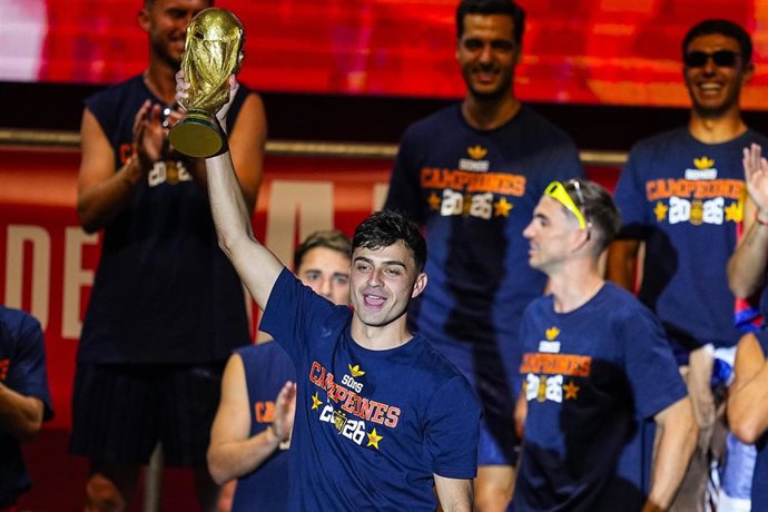 Pedri celebrates on stage during celebration of Spain as Champions of the FIFA World Cup 2026 at Cibeles Palace on July 20, 2026 in Madrid, Spain.