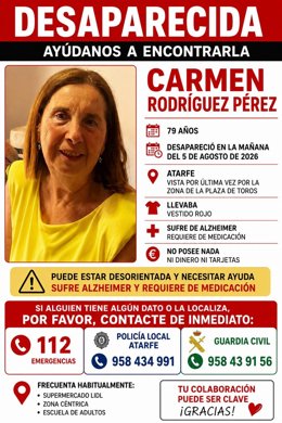 Cartel que informa de la desparición de una mujer de 79 años con Alzhéimer este miércoles en Atarfe.