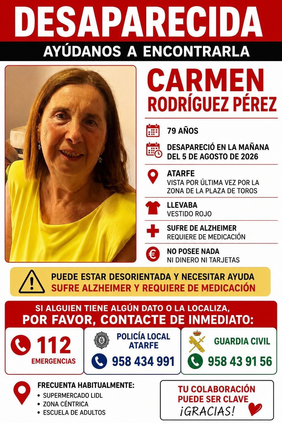Cartel que informa de la desparición de una mujer de 79 años con Alzhéimer este miércoles en Atarfe.