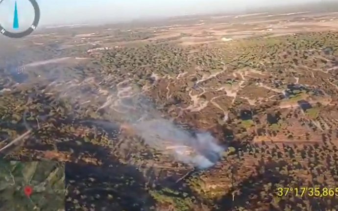 Imagen del incendio forestal declarado el martes y extinguido en la mañana de este miércoles en Lucena del Puerto.