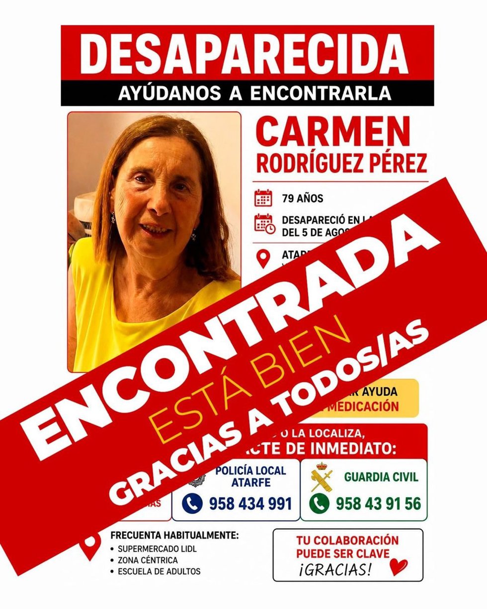 Hallan en buen estado a la mujer con Alzheimer desaparecida este miércoles por la mañana en Atarfe.