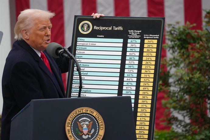 Archivo - 02 April 2025, US, Washington: US President Donald Trump holds a tariffs poster as he signs two executive orders that will lead to reciprocal tariffs against other countries that charge tariffs on US goods, in the Rose Garden of the White House.