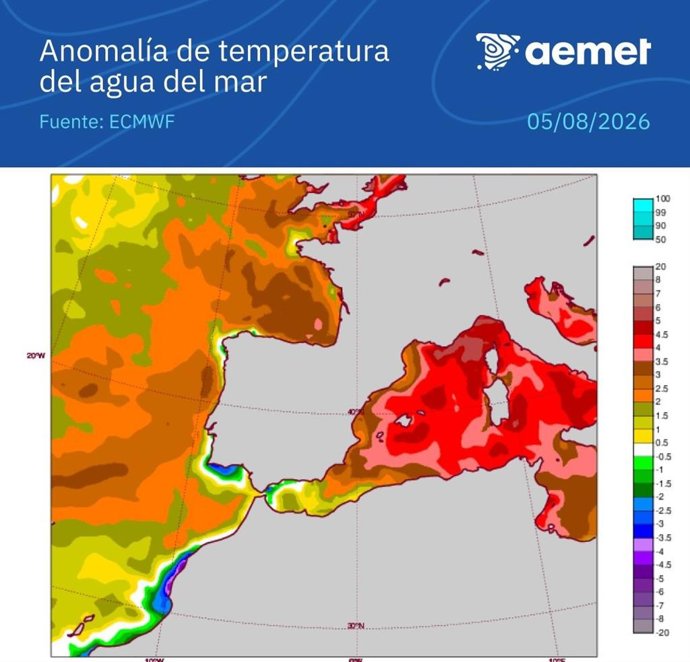 El Cantábrico está más de 3ºC por encima de lo normal y el Mediterráneo occidental, más de 4ºC.