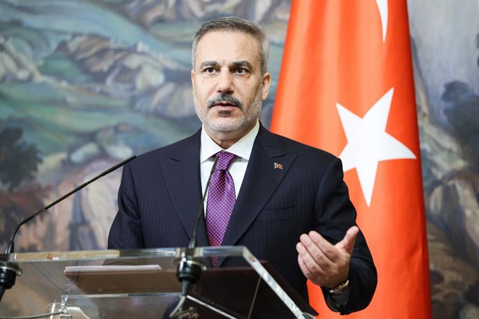 Archivo - Arquivo - RÚSSIA, MOSCOU - 16 DE JUNHO DE 2026: Hakan Fidan, ministro das Relações Exteriores da Turquia, dá uma entrevista coletiva após conversas com o ministro das Relações Exteriores da Rússia, Sergei Lavrov, na Casa de Recepção do Ministéri