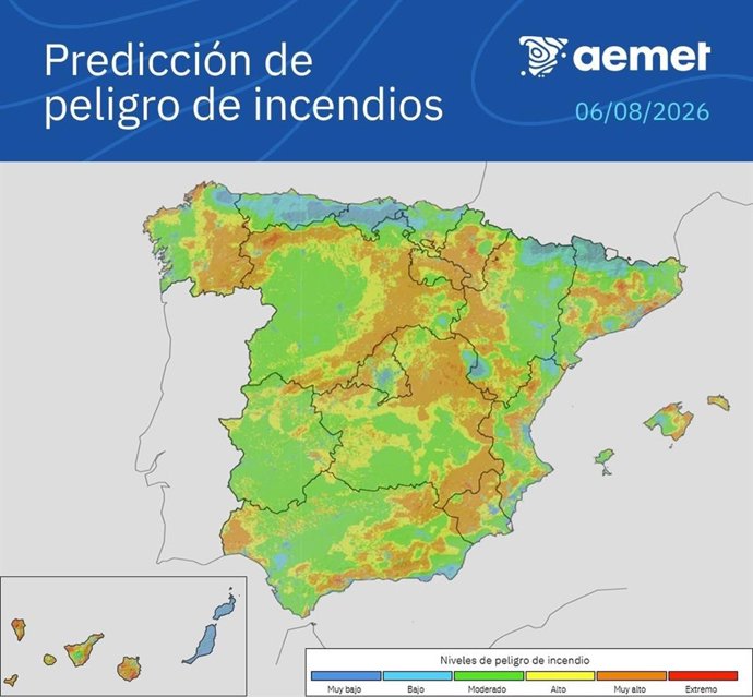 El peligro de incendios será muy alto este jueves en zonas del norte y este peninsular y en Canarias.