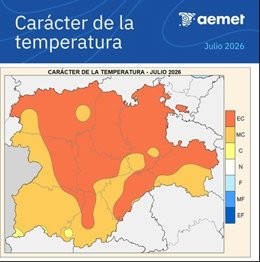 Mapa difundudo por la Aemet sobre el carácter de la temperatura del mes de julio en CyL