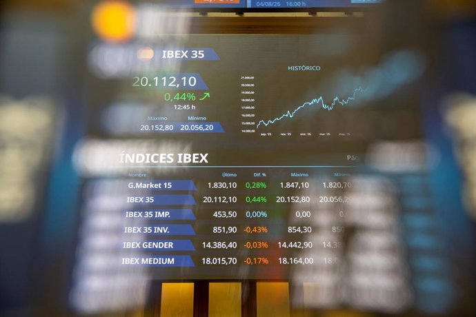 Pantalla con datos del Ibex en el Palacio de la Bolsa de Madrid, a 5 de agosto de 2026, en Madrid (España).