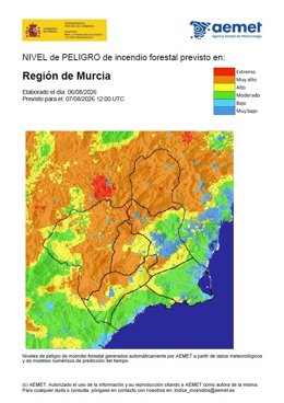 Nivel de riesgo de incendio forestal para este viernes, 7 de agosto, en la Región de Murcia