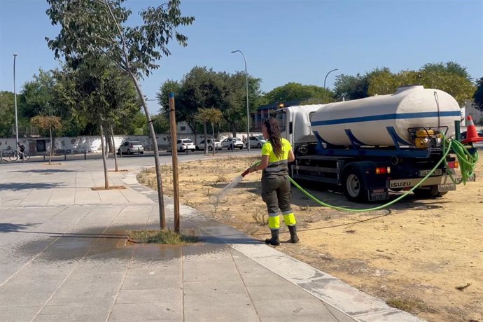 Regado de los árboles del distrito de Cerro-Amate en Sevilla.