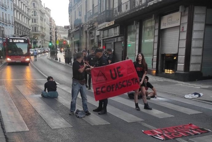 Acción de protesta en 2023 en la calle Reyes Católicos de Granda de activistas de la organización Fuerza Vegetal para quienes ahora la Fiscalía ha pedido dos años de prisión como presuntos autores de un delito de desórdenes públicos.