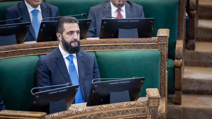 July 12, 2026, Syria, Syria, Syrian Arab Republic: Syrian President Ahmed al-Sharaa attends the first session of the People's Assembly at the parliament building in Damascus, Syria, on July 12, 2026. Members took the constitutional oath, officially markin