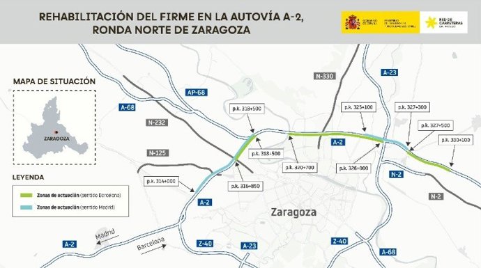 Transportes avanza con las obras de rehabilitación del firme en la Ronda Norte de Zaragoza en la autovía A-2.