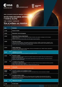 Cartaz com as atividades programadas para a tarde, na parte externa do Palácio de Exposições e Congressos de León.