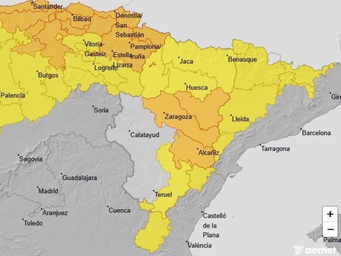 Aviso naranja por lluvias y tormentas, este sábado, 8 de agosto, en el sur de Huesca, la ribera del Ebro y el Bajo Aragón.