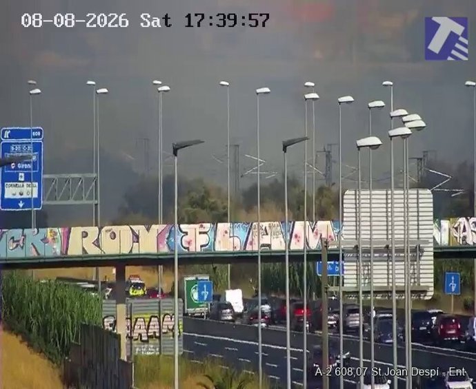 Imatge del tall de l'autovia A-2 per un incendi de vegetació