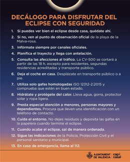 Decálogo del Ayuntamiento de València para disfrutar del eclipse con seguridad