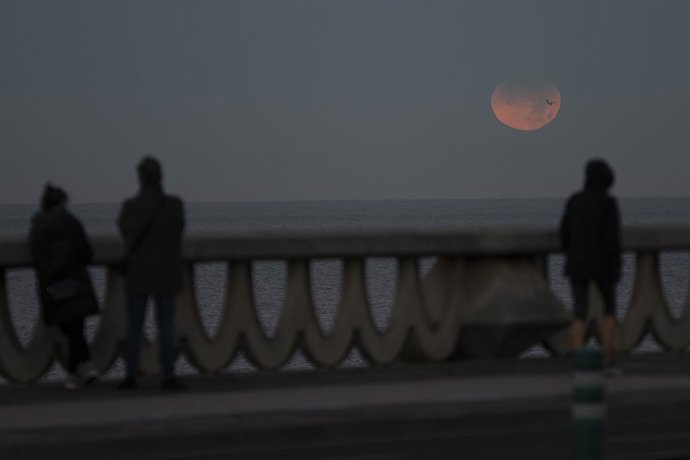 Archivo - Tres personas observan un eclipse lunar parcial desde A Coruña, a 19 de noviembre de 2021, en A Coruña, Galicia, (España). Coincidiendo con la luna llena, este eclipse lunar de noviembre, el más largo en siglos, ha comenzado en España exactament