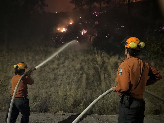OTTAWA, 9 de agosto de 2026  -- Esta foto fornecida pelo BC Wildfire Service em 8 de agosto de 2026 mostra bombeiros combatendo um incêndio florestal perto do Vale de Okanagan, no interior sul da Colúmbia Britânica, no Canadá. A província de Colúmbia Brit