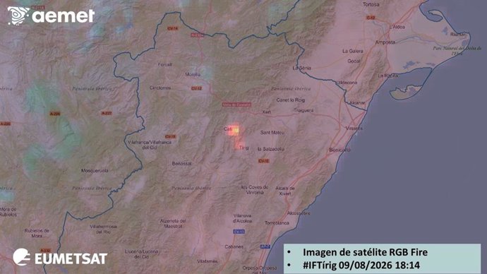 Punto caliente del incendio de Tírig en el satélite Meteosat