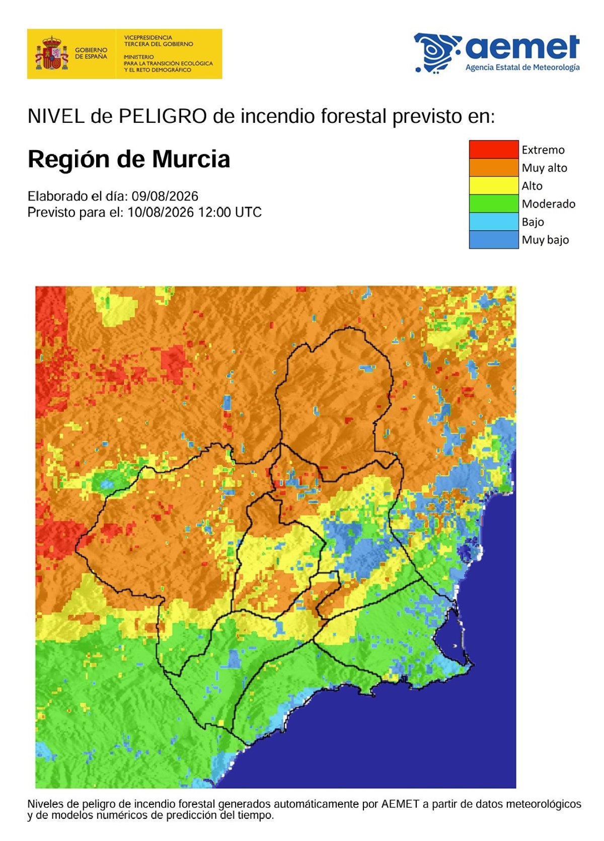 El nivel de riesgo de incendio forestal este lunes es muy alto o alto en gran parte de la Región