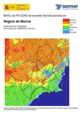 Mapa de riesgo de incendio forestal para este lunes