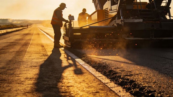 Operarios ejecutan trabajos de pavimentación en una carretera