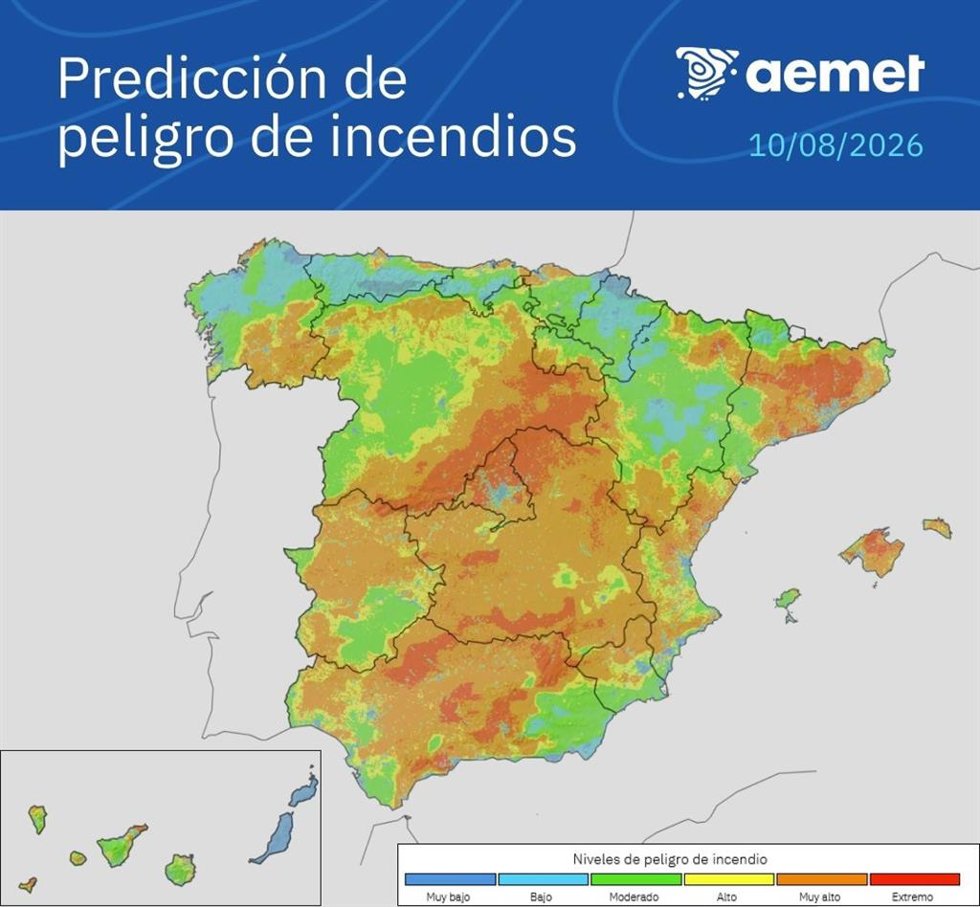 La semana empieza con peligro de incendios muy alto en buena parte de la Península y Baleares.