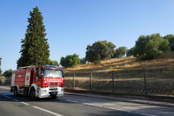Archivo - Bomberos trabajan en el Conjunto Arqueológico de Itálica para sofocar las llamas.