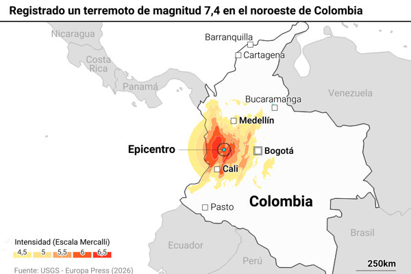 Registrado un terremoto de magnitud 7,4 en el noroeste de Colombia