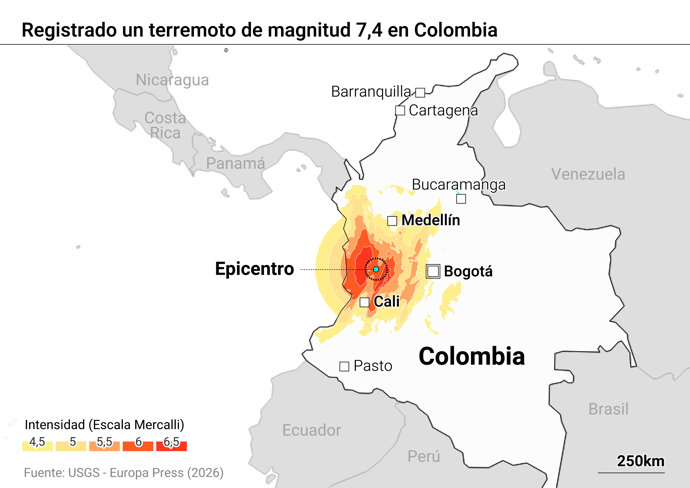 Mapa con localización del terremoto en Colombia