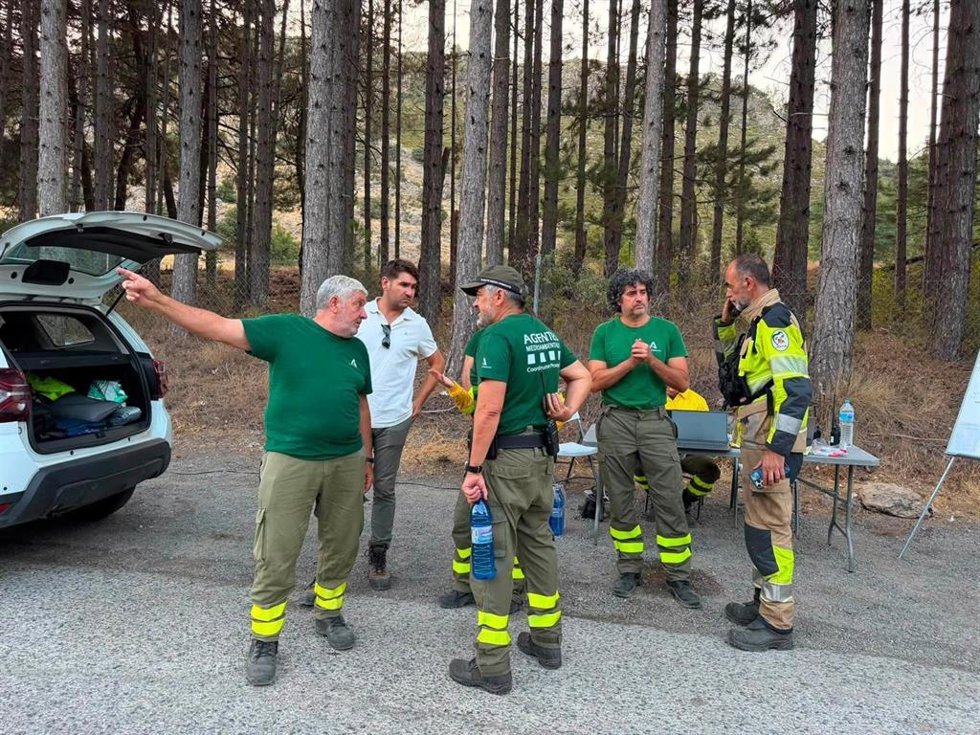 Agentes medioambientales en un incendio junto a la A-92 en Huétor Santillán