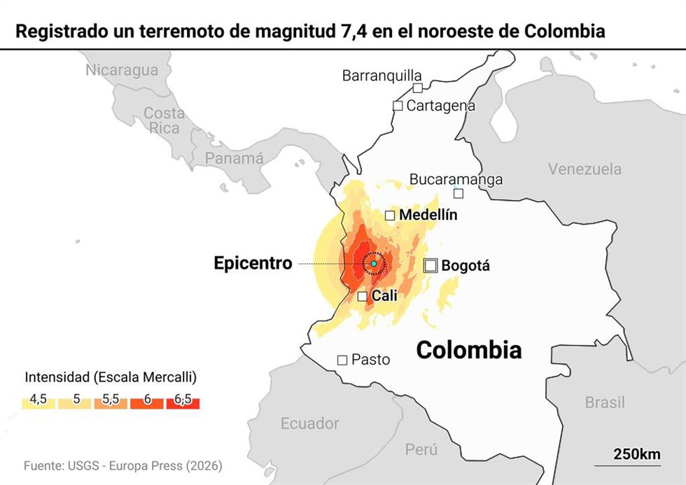 Mapa con localización del terremoto en Colombia.