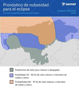 Mapa de la AEMET sobre pronóstico de nubosidad el día del eclipse en Cantabria