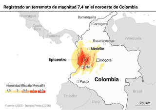 Mapa con localización del terremoto en Colombia. El Servicio Geológico de Estados Unidos (USGS) ha informado este lunes de que se ha registrado un terremoto de magnitud 7,4 en la escala de Richter con su epicentro a cinco kilómetros de la localidad de San