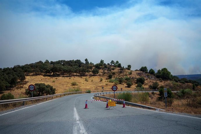 Carretera de acceso a El Madroño cortada por el incendio forestal de Niebla (Huelva). 