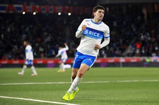Futbol, Universidad Catolica vs Cobresal Fecha 18, Liga de Primera 2026. El jugador de Universidad Catolica  Justo Giani, centro,ÊcelebraÊsu gol contra Cobresal durante el partido de la Liga de primera realizado en el estadio Claro Arena de Santiago,