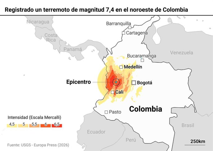 Mapa con localización del terremoto en Colombia. El Servicio Geológico de Estados Unidos (USGS) ha informado este lunes de que se ha registrado un terremoto de magnitud 7,4 en la escala de Richter con su epicentro a cinco kilómetros de la localidad de San