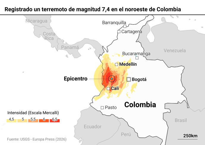 Mapa con localización del terremoto en Colombia.