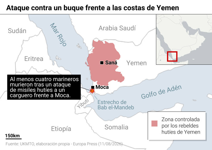 Al menos cuatro muertos tras un presunto ataque hutí contra un buque frente a las costas de Yemen