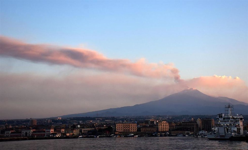 July 11, 2024, Catania: Mount Etna erupting, viewed from the port of Catania, with a long plume of ash that not only rained down on the city but also caused the suspension of all flights arriving at and departing from Catania Airport, 11 August 2026.  