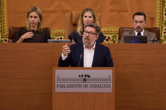 El secretario coordinador de Transición Ecológica Justa y Cambio Climático del PSOE-A, Rodrigo Sánchez Haro, en una intervención en el Parlamento de Andalucía.