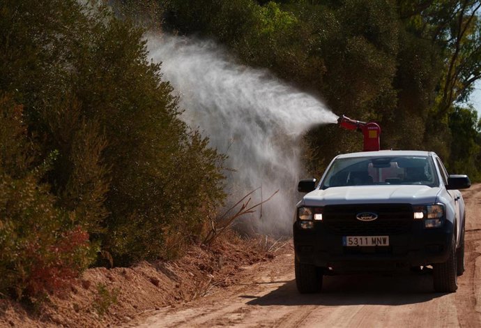 Operarios realizan trabajos de control y tratamiento de mosquitos transmisores del virus del Nilo occidental en la localidad sevillana de Los Palacios. A 4 de agosto de 2026 en Los Palacios, Sevilla (Andalucía, España). 