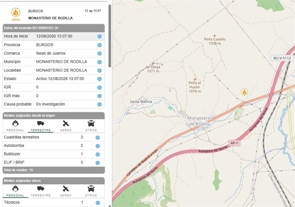 Detalle de la web donde la Junta informa del incendio.
