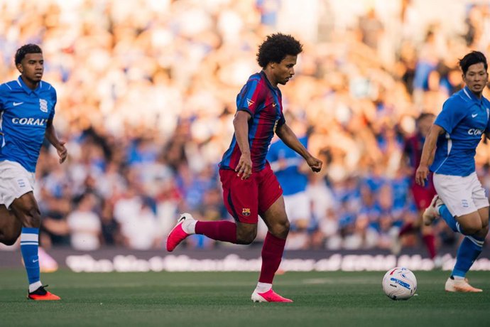 El extremo Karim Adeyemi en su primer partido con el FC Barcelona, ante el Birmingham, durante el 'stage' de pretemporada en Inglaterra
