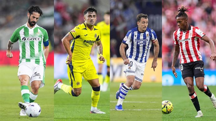 Montaje con Isco Alarcón (Real Betis), Alberto Moleiro (Villarreal), Mikel Oyarzabal (Real Sociedad) y Nico Williams (Athletic Club).