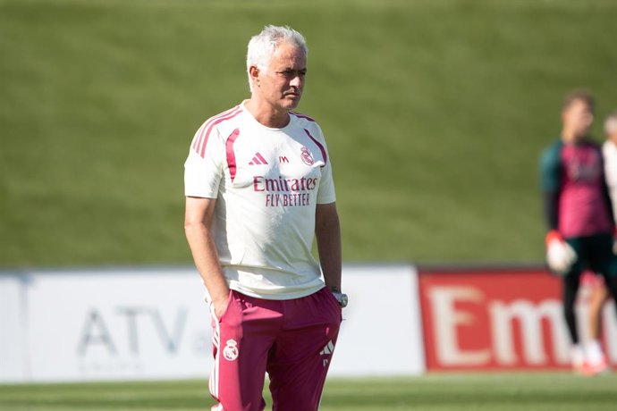 July 24, 2026, Madrid, Spain: Jose Mourinho, Real Madrid's coach, seen in action during the first training session open to the press for Real Madrid C.F., alongside A.D. Alcorcón, at the Alfredo di Stéfano Stadium in Madrid.